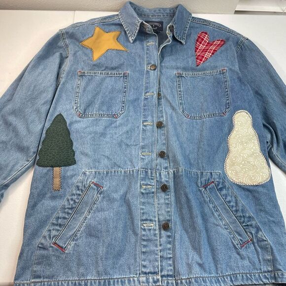 Vintage Tops - Vintage Patchwork Denim Jacket Christmas Appliqué Women’s M Holiday